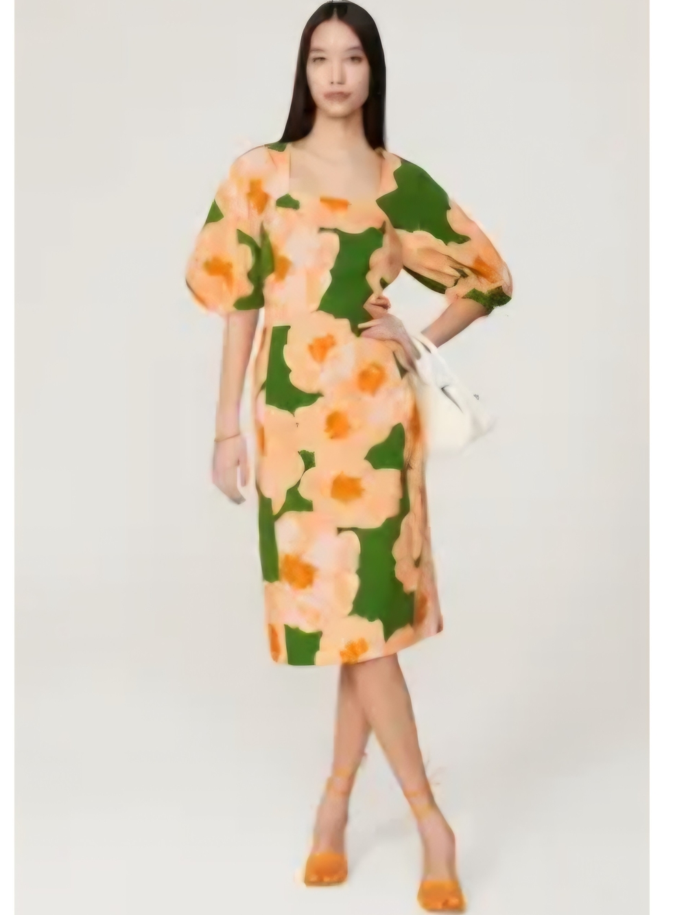 Eudon Choi Floral Puff-Sleeve Midi Dress in Peach and Green Sz 10